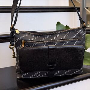 Fossil Crossbody Shoulder Purse Logo Stripe Canvas Leather Pocket Bag, Clean